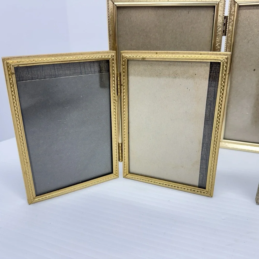 Lot of 4 VTG MCM Bifold Picture Frame Set 5x7 Brass Gold Tone Hinged Double